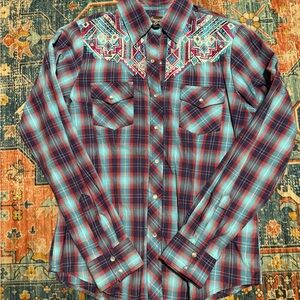 Plaid Western Shirt with Embroidered Yoke